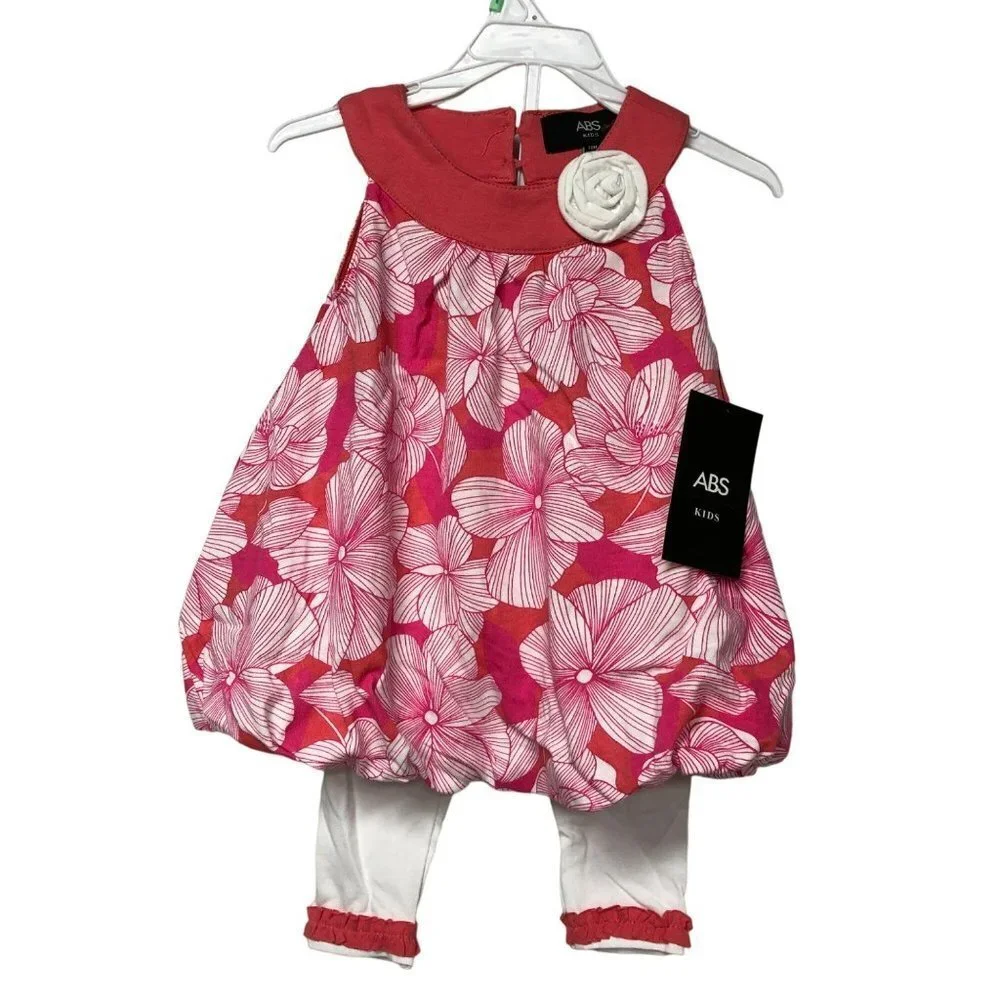 ABS KIDS BABY GIRL TWO PCS OUTFIT SET DRESS & WHITE LEGGING SIZE 12 MOS NEW WITH